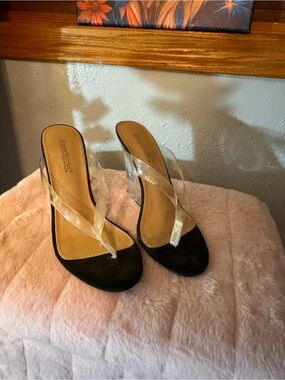 Shoe Dazzle Black Sandal with Clear Straps and Wedge Heel